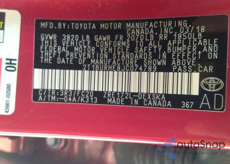 2018 Toyota Corolla Se from USA, damaged, VIN 2T1BURHE8JC074789